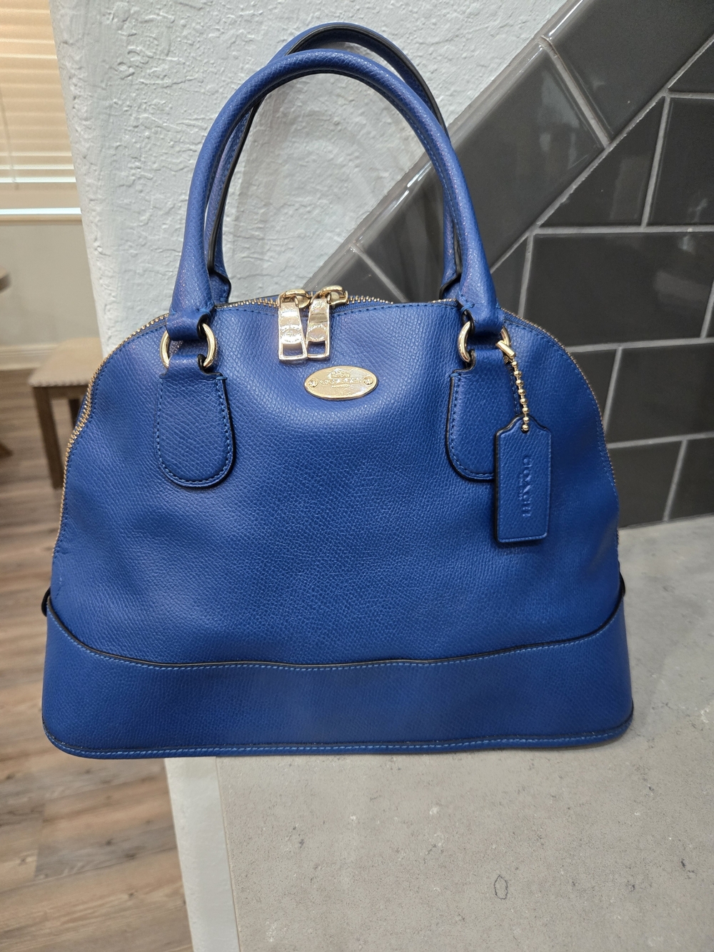 Coach Cora Domed Blue Grain Leather Crossbody Satchel with Adjustable Strap